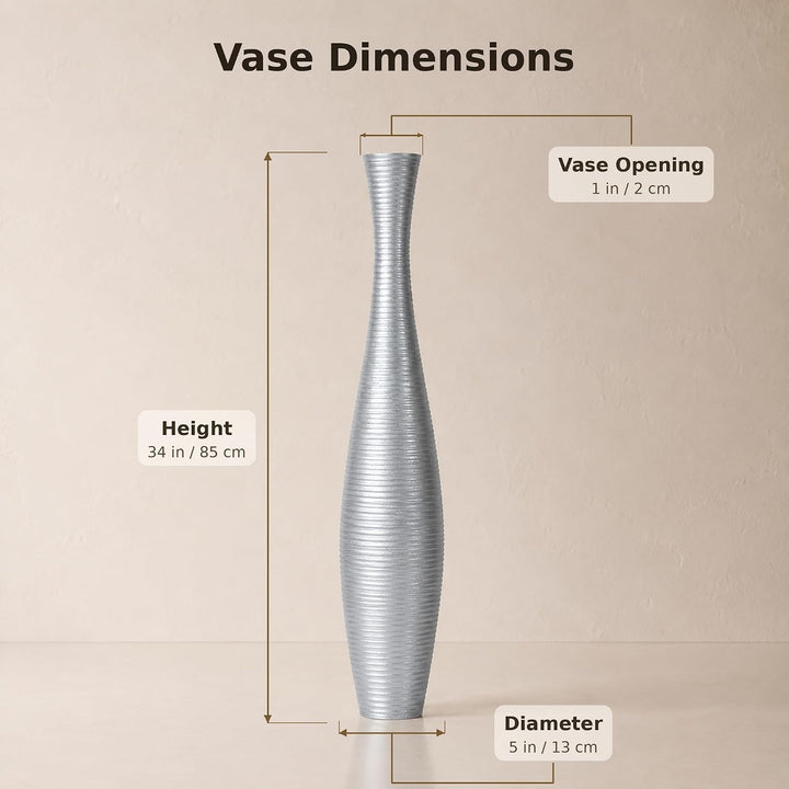 Leewadee Grosse Bodenvase für Dekozweige hohe Standvase Design Holzvase, Holz, 90 cm, Silber 90 cm S