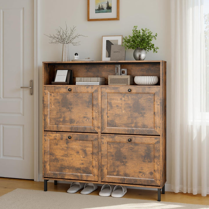 Schuhschrank mit 4 Klappen, Schuhablage Schuhschrank schmal Schuhregal mit offenen Ablagefächern, ve