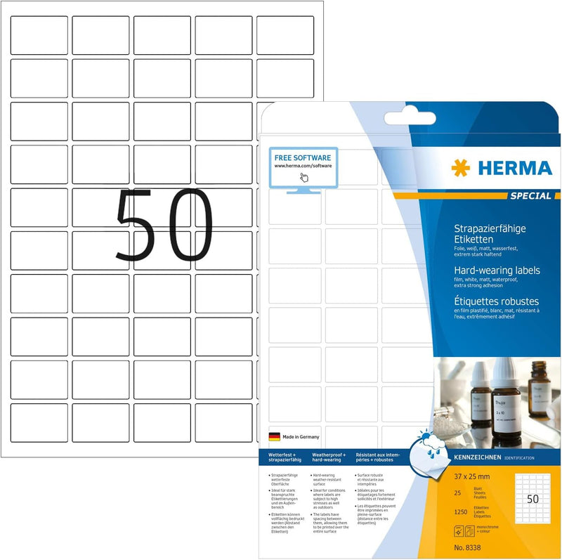 HERMA 8338 Wetterfeste Folienetiketten, 25 Blatt, 37 x 25 mm, 50 Stück pro A4 Bogen, 1250 Aufkleber,