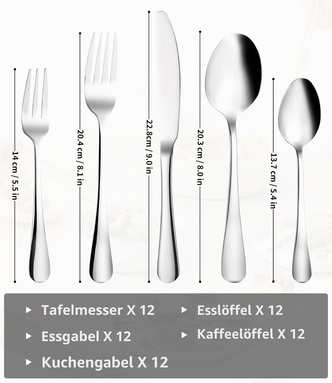 Besteck Set 12 Personen, 60 teilig Edelstahl Bestecksets, mit Steakmesser, Elegantes Essbesteck, Hoc