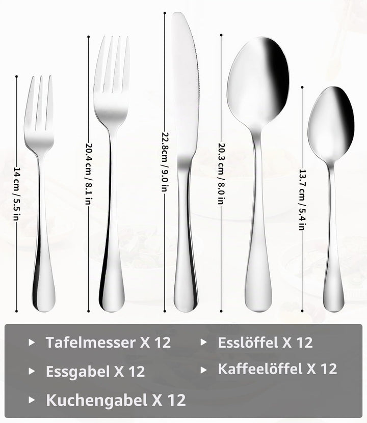 Besteck Set 12 Personen, 60 teilig Edelstahl Bestecksets, mit Steakmesser, Elegantes Essbesteck, Hoc