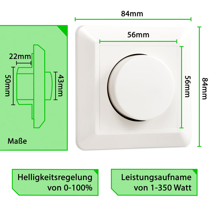 2x greenandco® gc-350 Unterputz LED und Halogen Dimmer 1-350 Watt, für Wechselschaltungen geeignet,