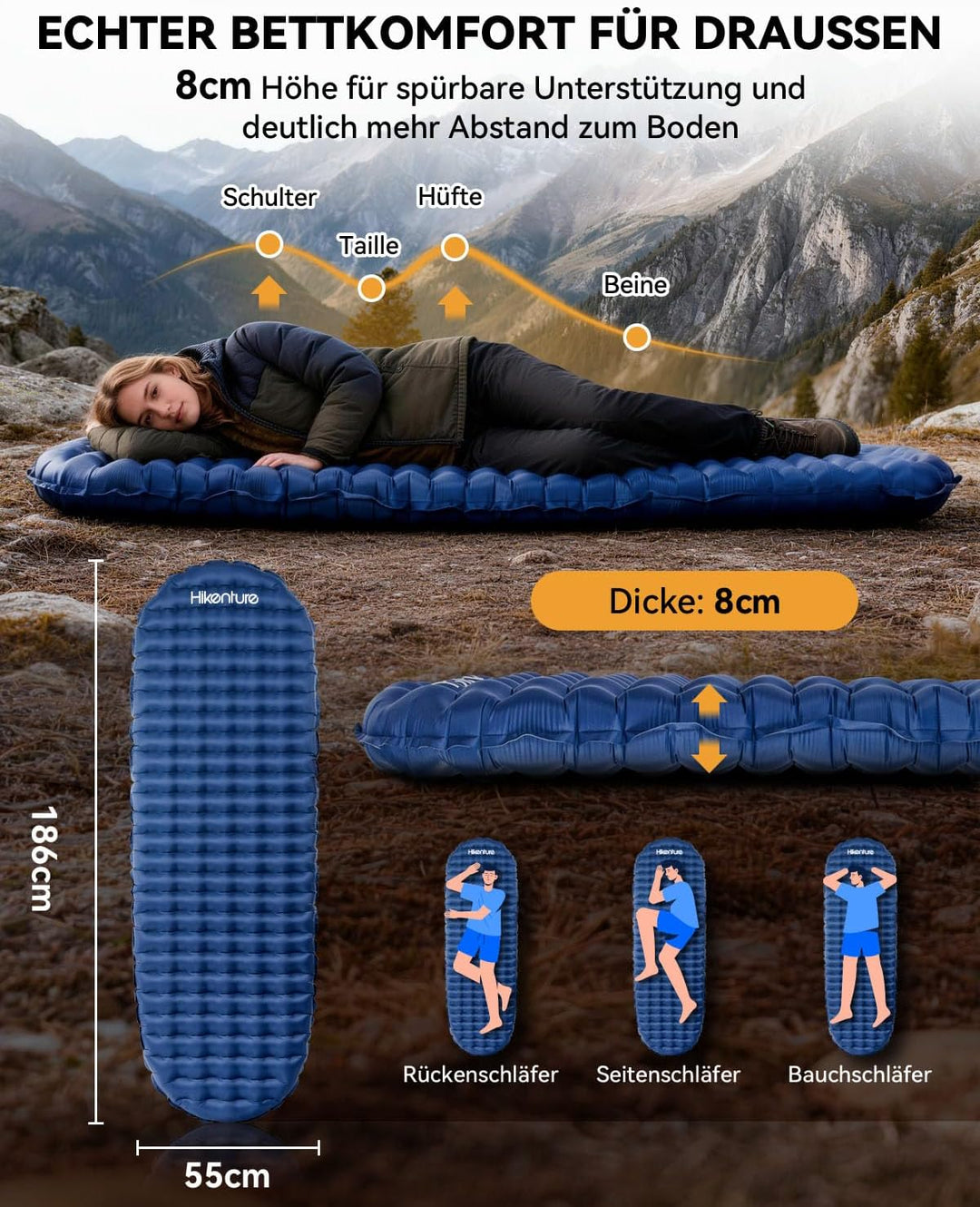 HIKENTURE Isomatte Camping R-Wert 4, 430g Isomatte Ultraleicht, 8CM Ultradicke Warme Schlafmatte, Au