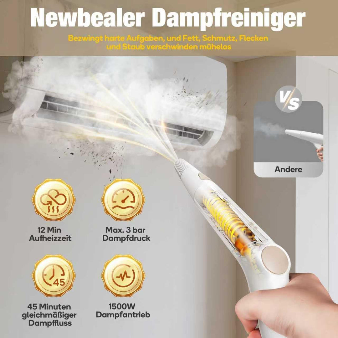 Newbealer Dampfreiniger, 1500W Handdampfreiniger, Max. 3 bar Dampfdruck, 1,5L Wassertank, 45 Min Lau
