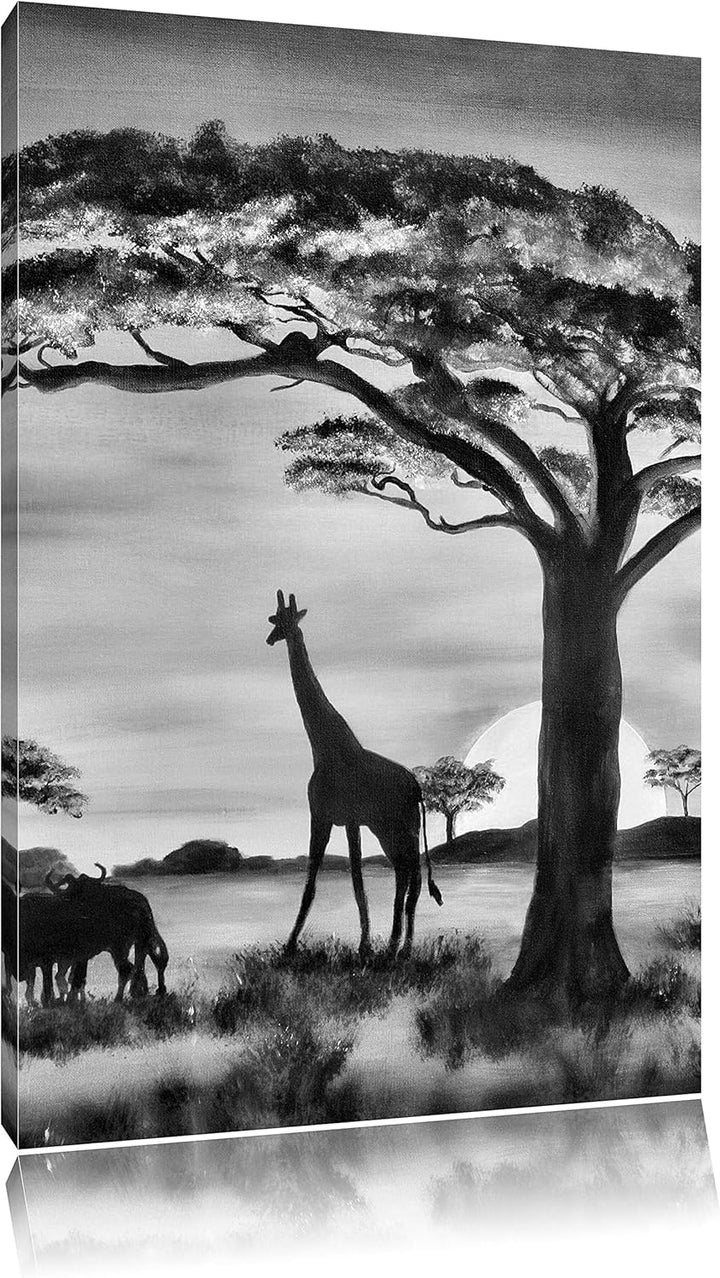 Pixxprint Monocrome, Savanne mit Wildtieren gemalt, Format: 100x70 auf Leinwand, 100x70
