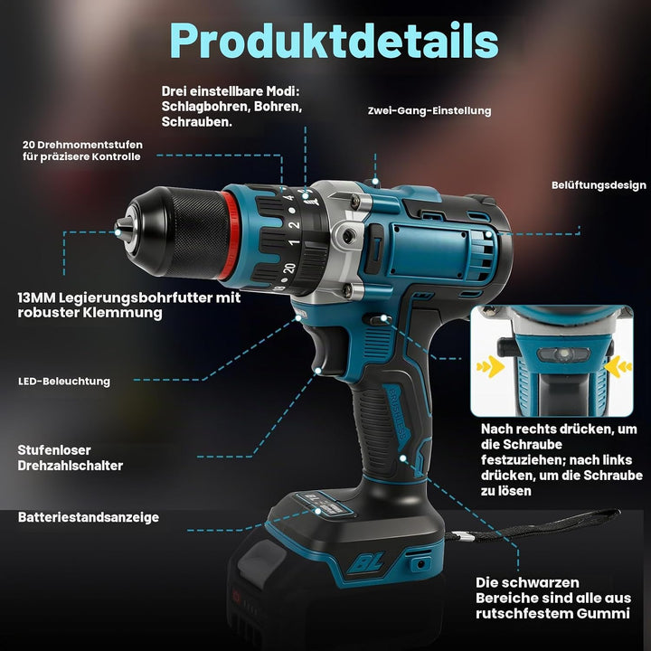80 Nm bürstenloser Akku-Schlagbohrer, kompatibel mit Makita 18-V-Akku, 1/2-Zoll-Hammerbohrer, 2100 U