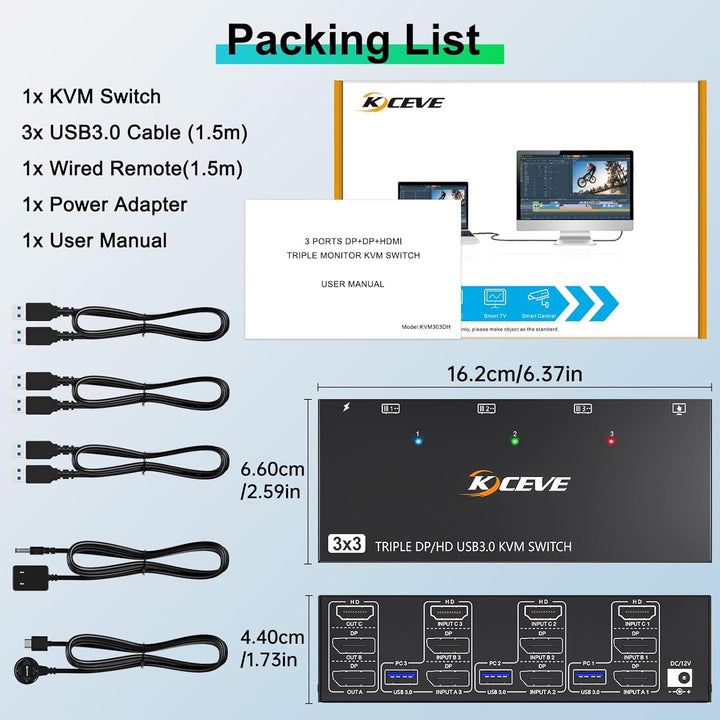 KVM Switch 3 PC 3 Monitore 8K@60Hz 4K@144Hz，MLEEDA HDMI+2 Displayport KVM Switch Triple Monitor für