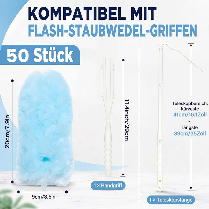 50 Stück Staubmagnet Nachfüllpack Kompatibel mit Swiffer - 360° Staubwedel Set mit Teleskopstange &