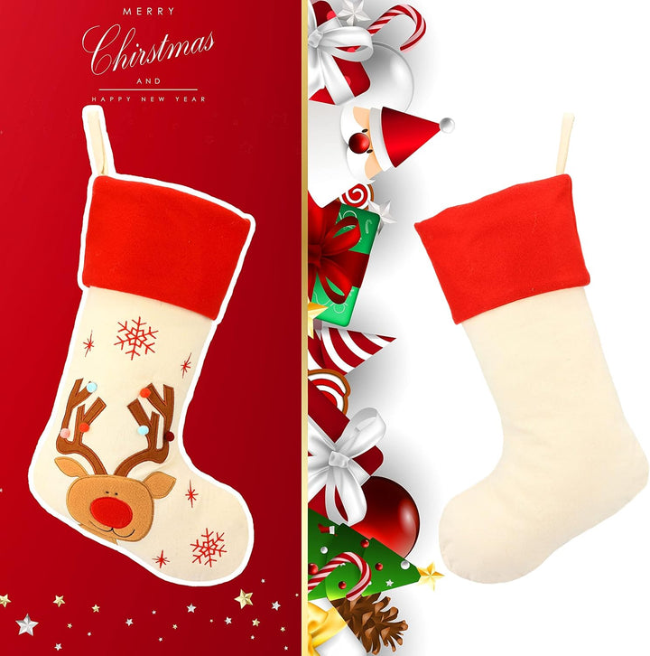 Hopearl Weihnachtsstrümpfe Set 4er - Rustikale Leinen Socken mit Weihnachtsmann, Schneemann, Rentier