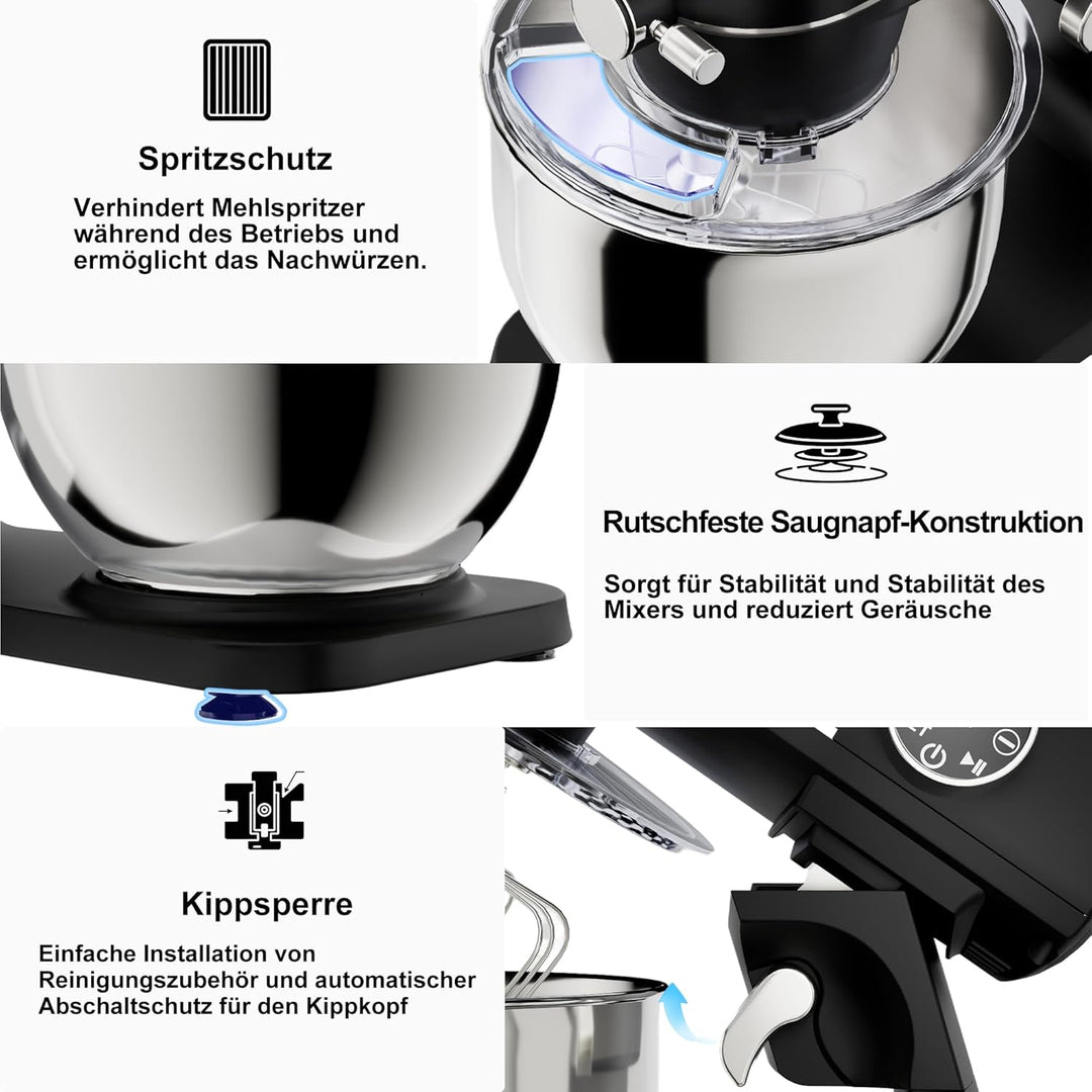 Camic Küchenmaschine 1800W, Knetmaschine aus Vollmetall mit 10 Stufen, digitaler Touchscreen, Timer,
