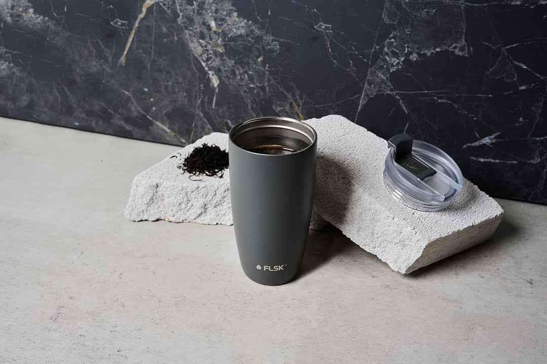 FLSK CUP Edelstahl Mehrwegbecher für unterwegs (350 ml, 500 ml) - 3 h heiss, auslaufsicher, inkl. pl