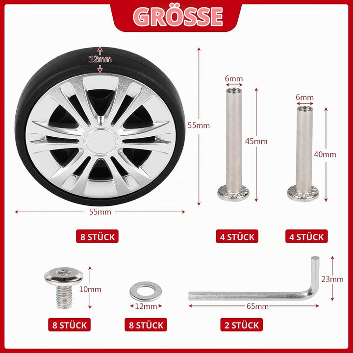 8 pcs Koffer Ersatzrollen 55mm x 12mm, Kofferrollen Ersatzrollen für Gepäck mit Doppelrollen, Koffer