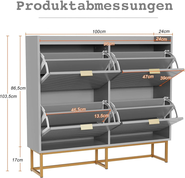 UEV Schuhschrank mit 4 Klappen,100x24x103,5cm Schuhkipper Schmal,Schuhkommode Flur Wohnzimmer Eingan