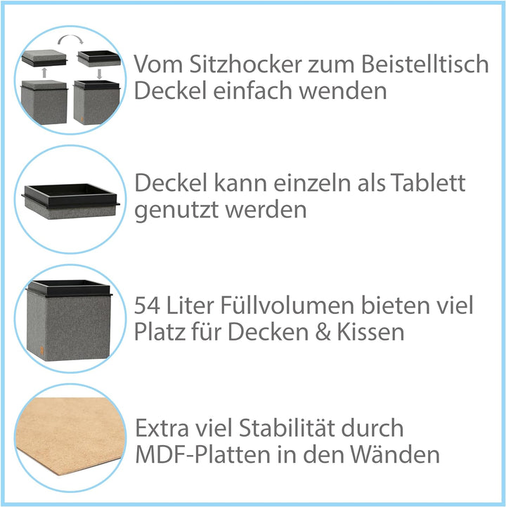 Love IT Store IT Premium 3-in-1 Sitzhocker mit Stauraum - Hocker, Tablett und Aufbewahrungsbox - Aus