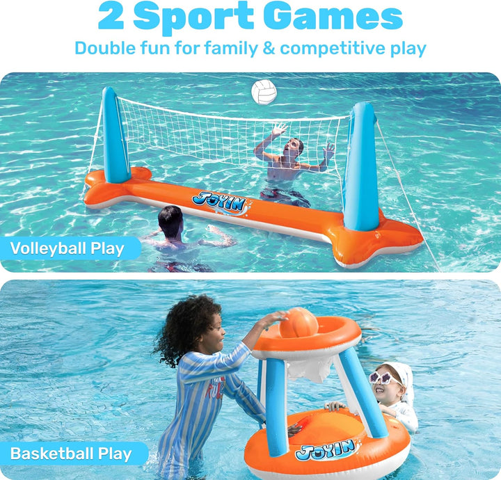 JOYIN Aufblasbare Pool Float Set, Volleyballnetz & Basketballkörbe & Bälle für Kinder und Erwachsene