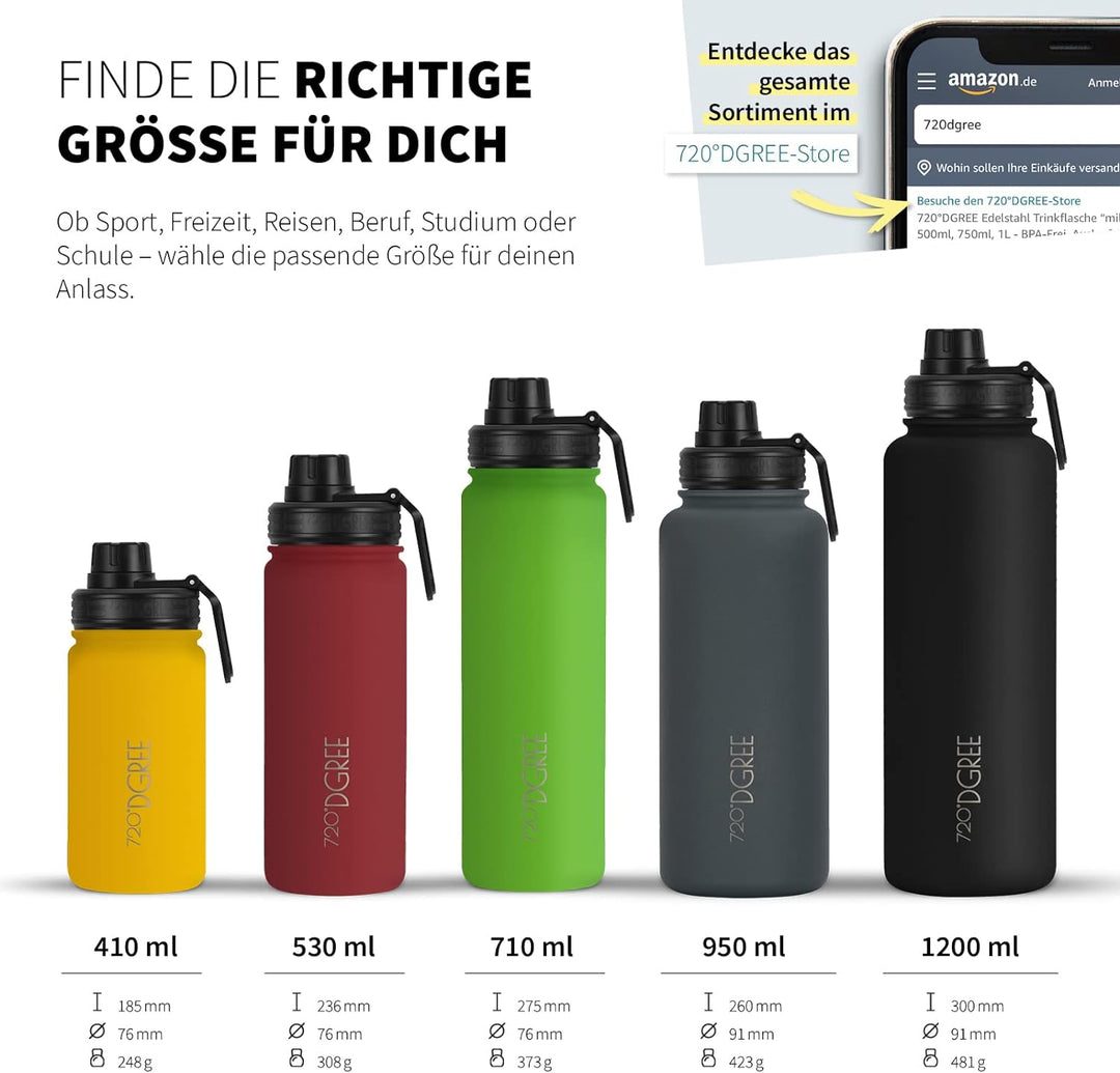 720°DGREE Edelstahl Trinkflasche “noLimit” – 1200ml - Auslaufsicher, Kohlensäure geeignet, BPA-Frei