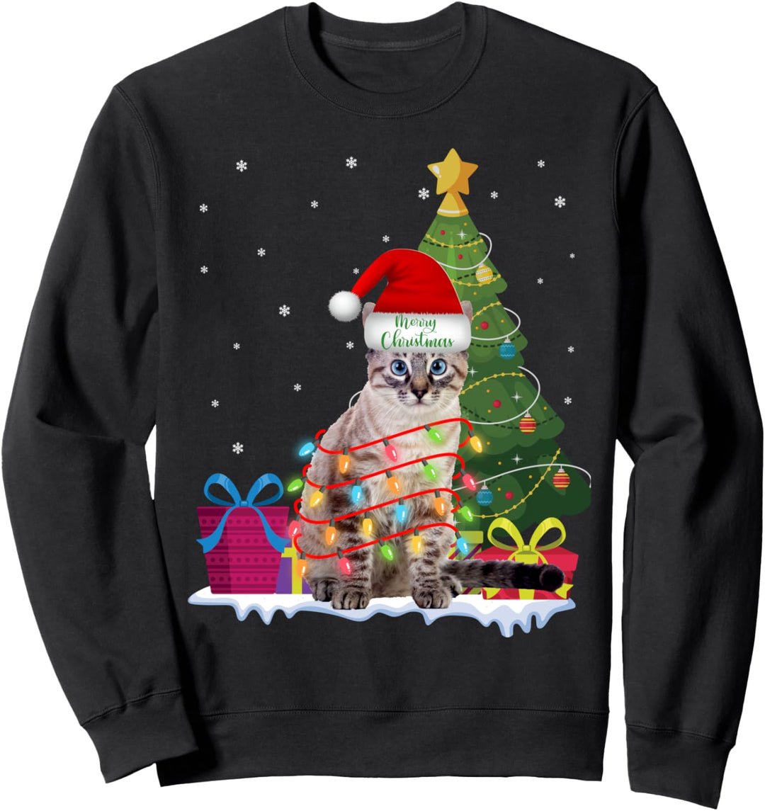 Lustige Katze hässliche Weihnachtsbaum Lichter Geschenke Pullover Icey Sweatshirt