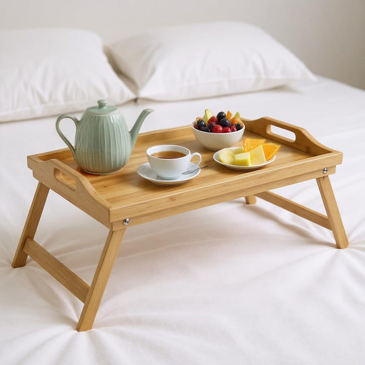 Betttablett klappbar gross Bambus Frühstückstablett fürs Bett Serviertablett mit Beinen Tablett Esse