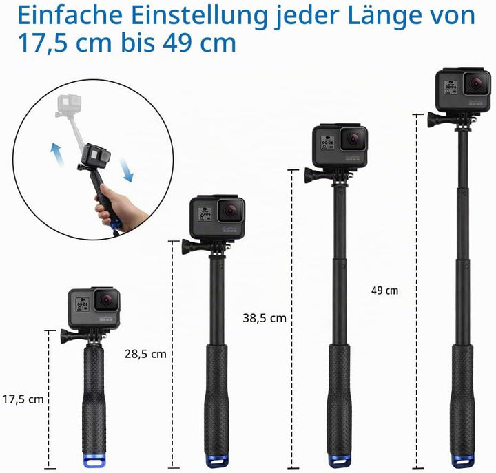 AFAITH Selfie Stick für GoPro Hero 13 12 11 10 9 8 7, 49CM Verstellbares Wasserdichtes Einbeinstativ