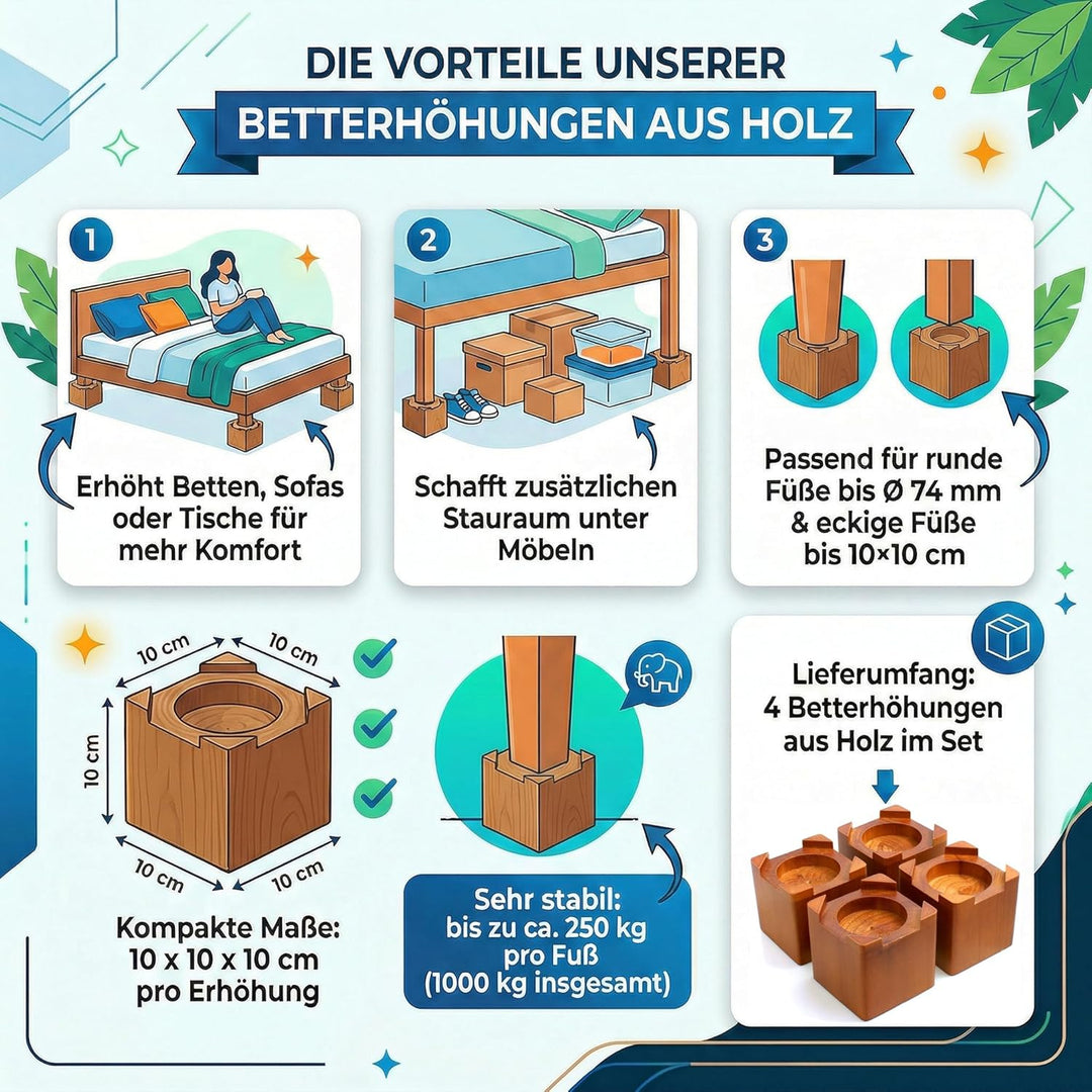 Design61 4er Bett Erhöhung Echt Holz Möbelerhöher Betterhöher Möbelerhöher Betterhöhung Möbelerhöhun