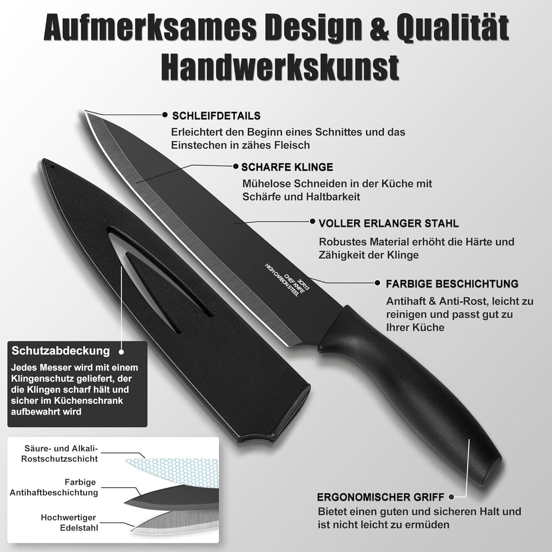 TEAMFAR Küchenmesser 6-teilig, Edelstahl Messerset mit Schutzhülle, Scharfe Messer Set mit Kochmesse
