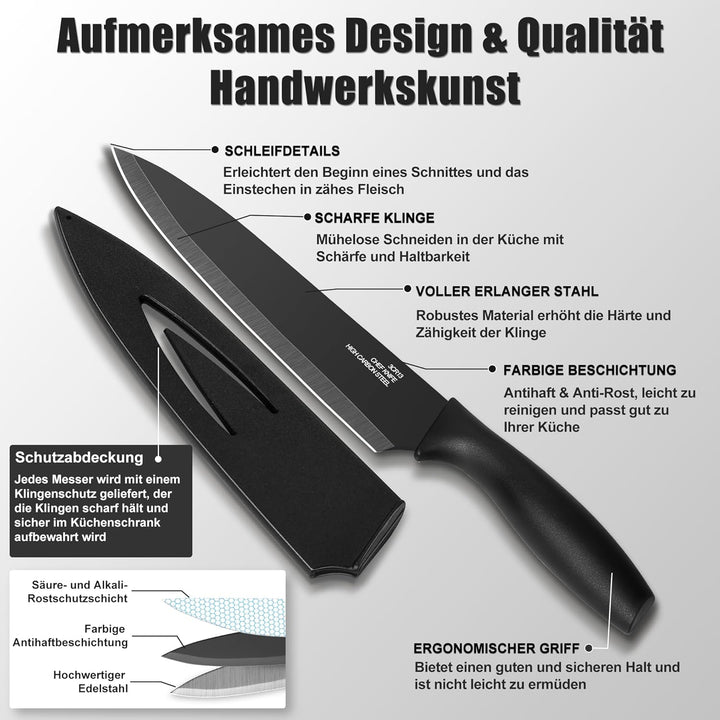 TEAMFAR Küchenmesser 6-teilig, Edelstahl Messerset mit Schutzhülle, Scharfe Messer Set mit Kochmesse
