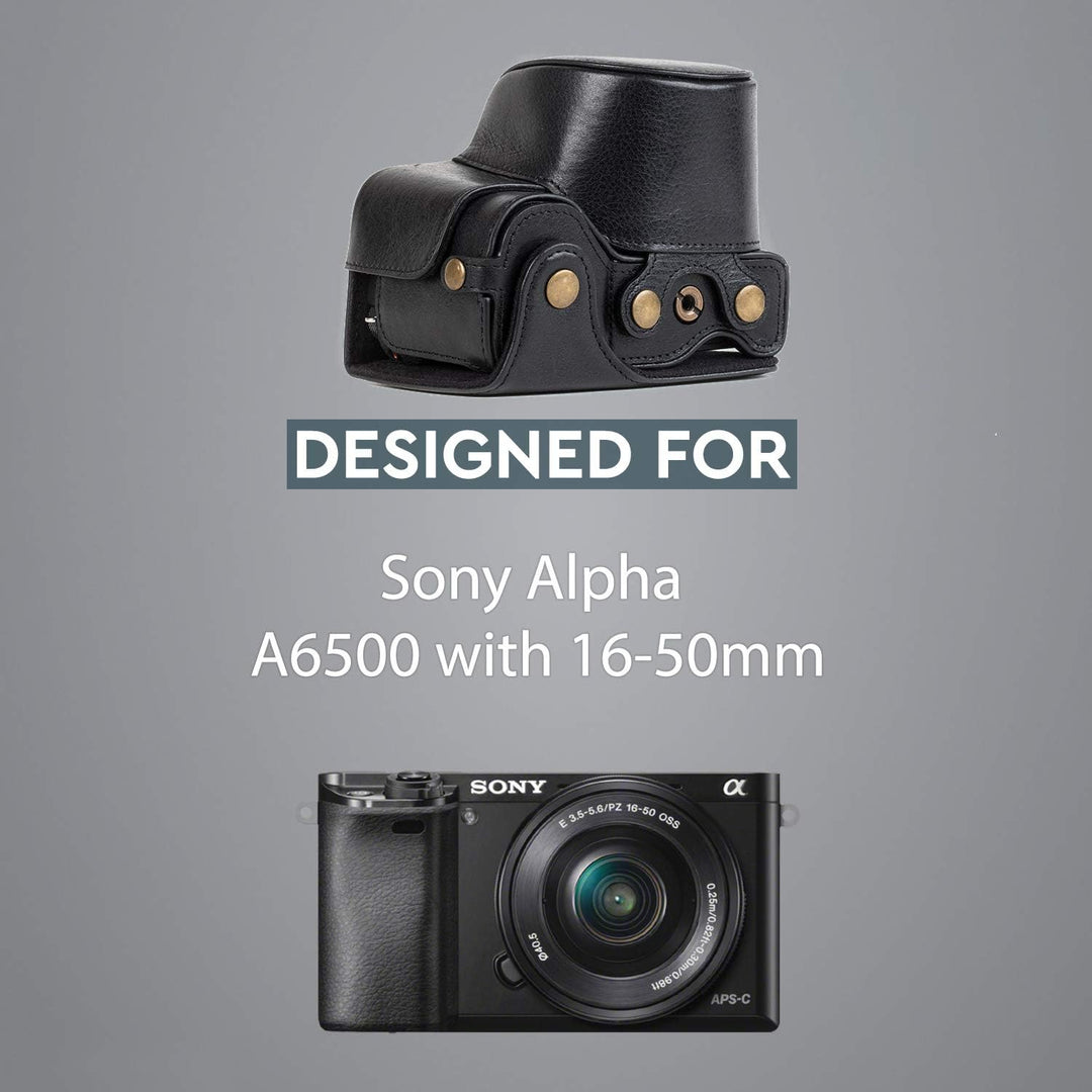 MegaGear Sony Alpha A6500 (16-50 mm) Ever Ready Echtleder Kamera-Case mit Trageriemen und Batteriezu