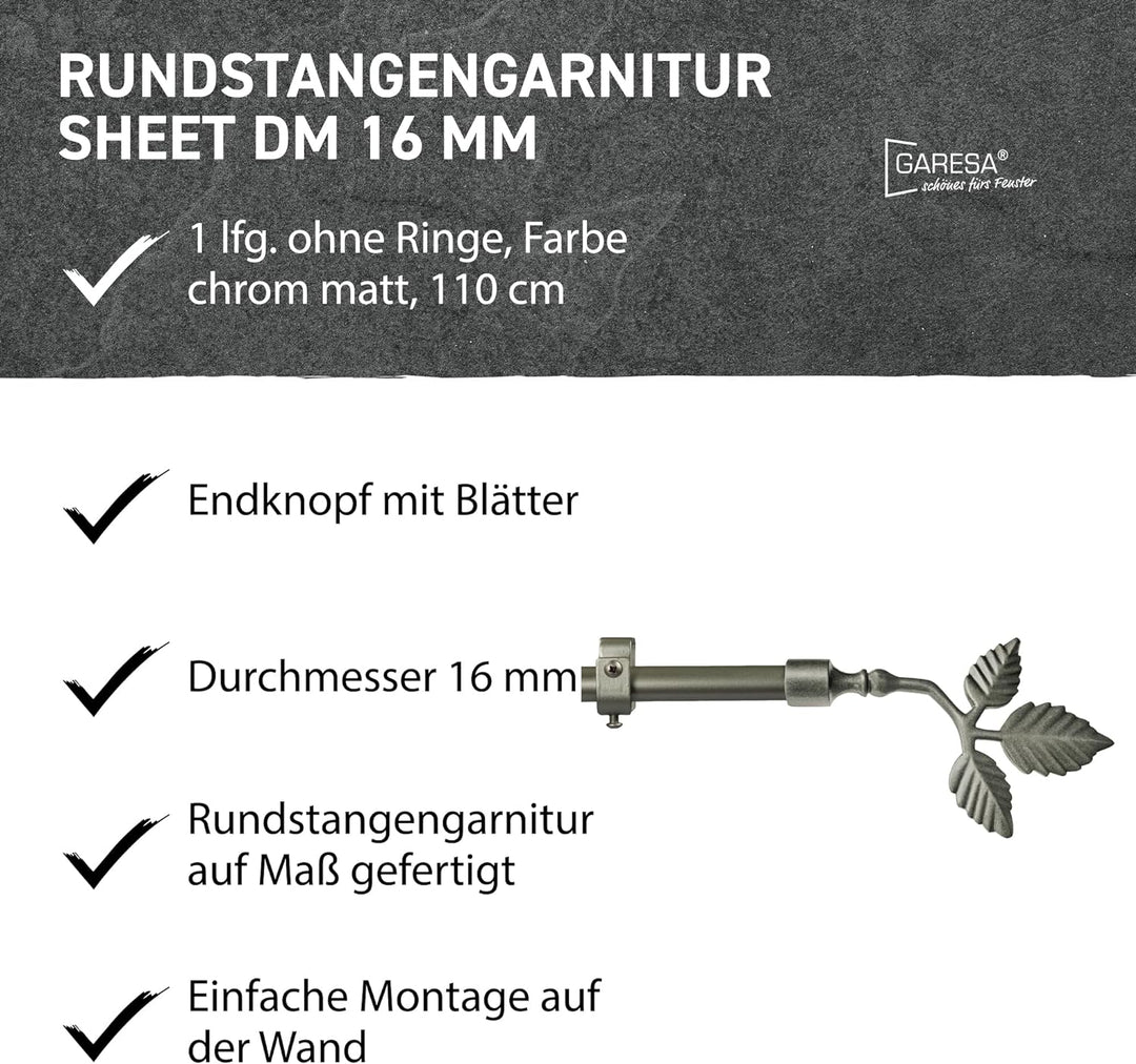 Garesa Gardinenstange Sheet Ø 16mm, 1-läufig, Chrom, matt I Stabile Vorhangstange ohne Ringe I Offen