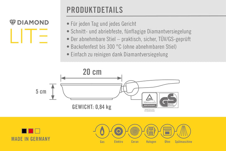 Woll Diamond Lite Flachpfanne, Ø 20 cm, 5 cm hoch, mit abnehmbarem Stiel - Geeignet für Ceran, Gas,