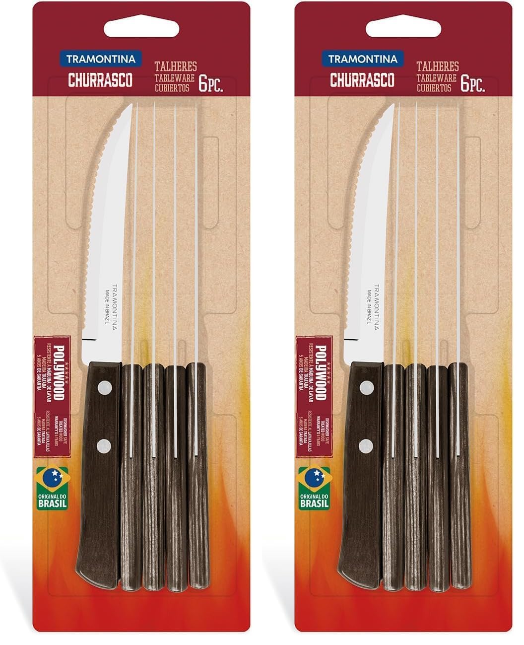Tramontina Steakmesser Pizzamesser, Set 6-teilig, mit 6 Steakmessern aus Edelstahl, Echtholzgriff br