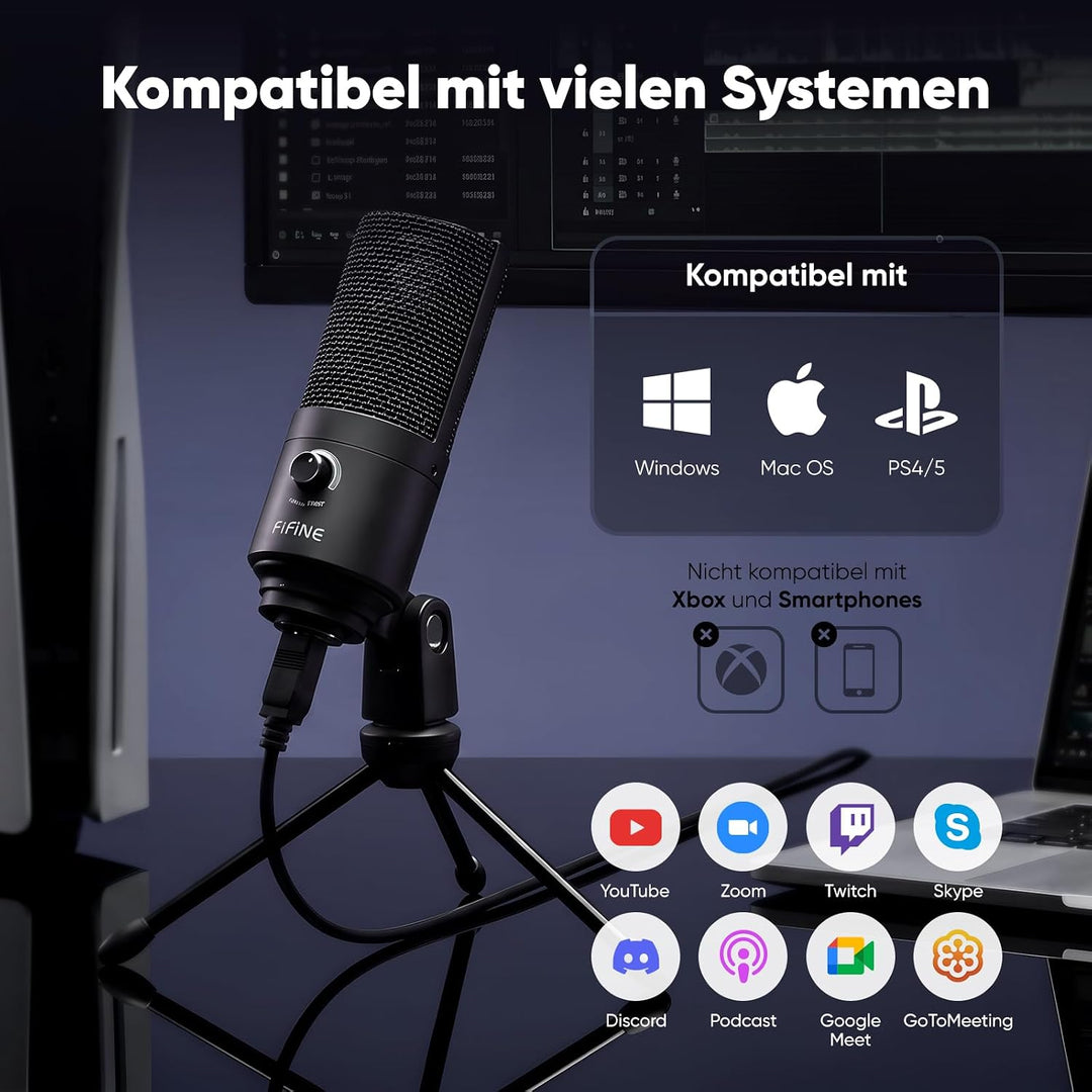 FIFINE USB Mikrofon PC Streaming, Podcast Microphone mit Ständer für MAC PS4 PS5, Kondensator Microf