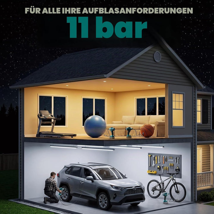Ecarke Akku Kompressor 11 Bar mit Digitalmanometer & 12V-Zigarettenanzünder, kompatibel mit Makita 1