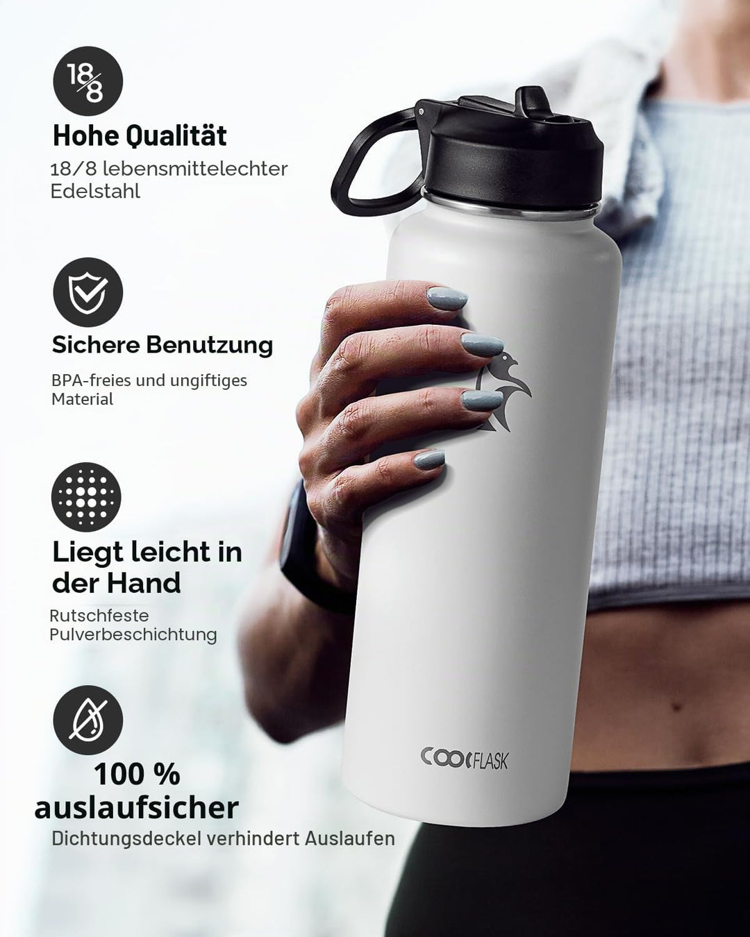 Coolflask Wasserflasche mit Strohhalm, isoliert, Edelstahl, Metall, 3 Deckel, Wasserflasche für Spor