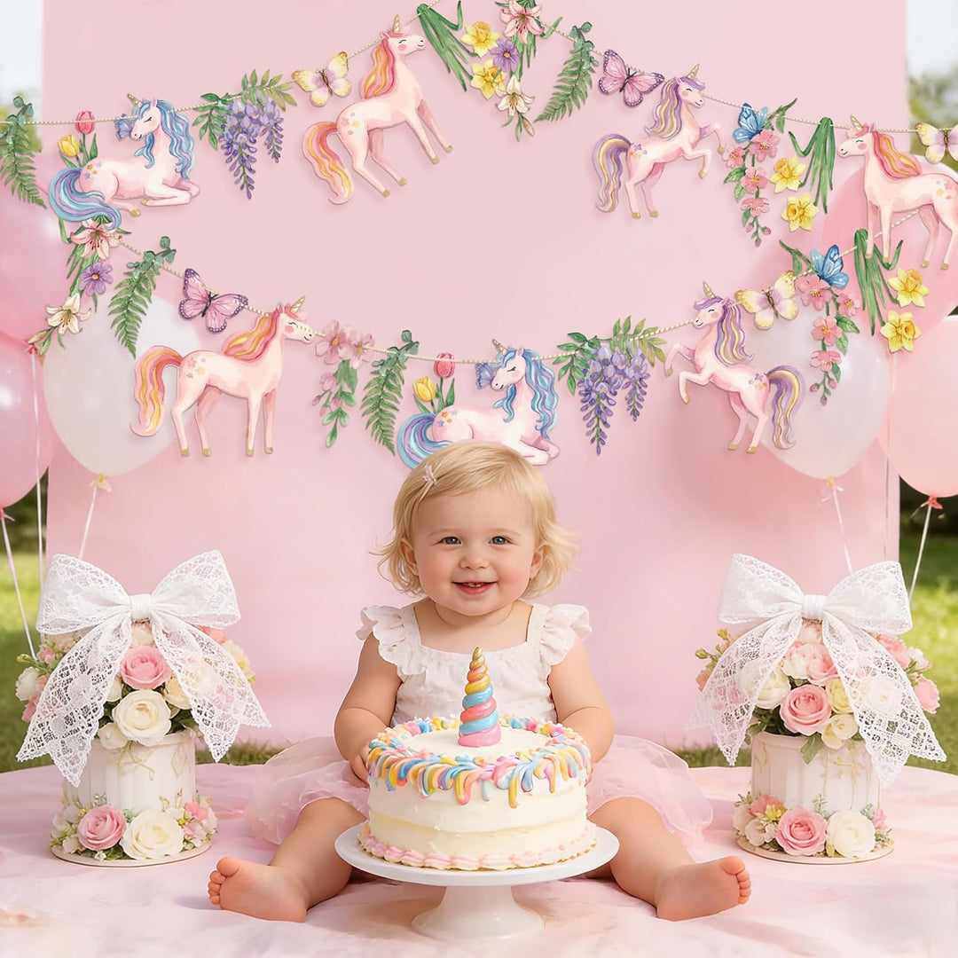Easy Joy Magische Einhorn-Party-Girlande, rosa blumige Papierfahnen mit Schmetterlingen und Blumen,