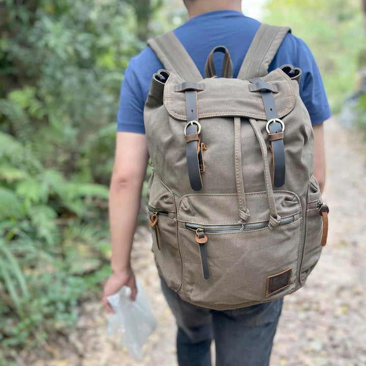 Retro Segeltuch Rucksack, Canvas Vintage Rucksack Laptop Daypack Schulrucksack Reisetasche Lederruck
