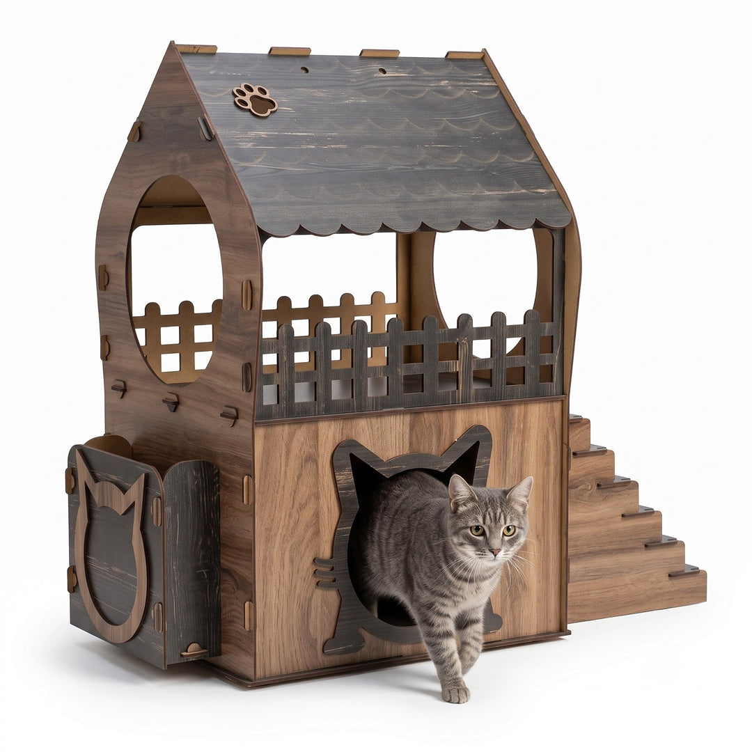 Zweistöckiges MDF Katzenhaus – Braun &amp; Dunkelbraun – Werkzeugloser Aufbau – Grössen XL, XXL, 3XL (Br