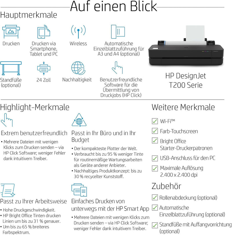 HP DesignJet T250 Grossformatdrucker, 24 Zoll, bis zu A1, mobiles Drucken, Wi-Fi, Gigabit Ethernet,