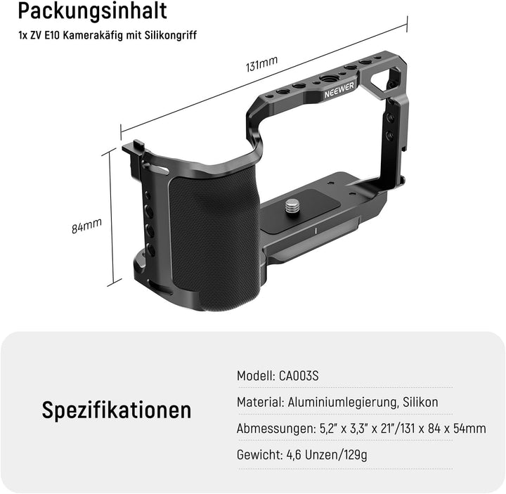 NEEWER ZV-E10 Kamerakäfig mit Silikongriff, 1/4" Gewinde, 3/8" ARRI Positionierungslöcher, Arca Typ