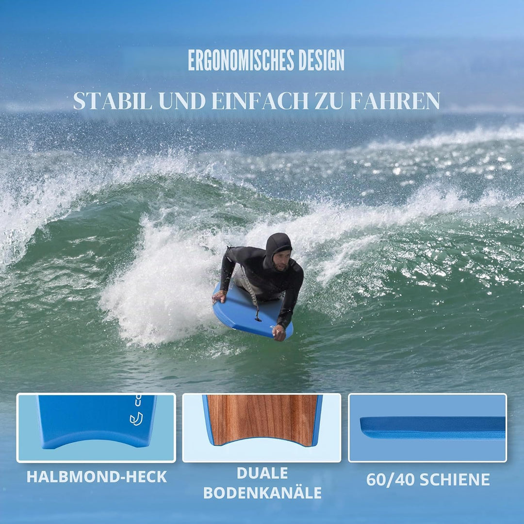 Body Boards for Beach Lightweight Durable Body Board with EPS Core Dual Channel Double Swivel Coiled