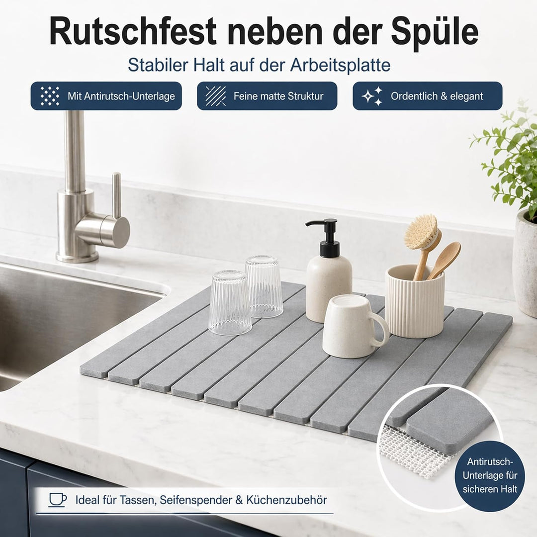 Diatomit Abtropfmatte 60 x 39 cm - faltbare Kieselgur Abtropfmatte Geschirr rutschfest und schnelltr