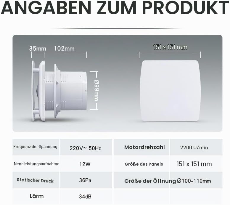Abluftventilator 100mm Badlüfter Lüfter 100mm Rohrventilator - 12W Extra Leiser Luftentfeuchter für