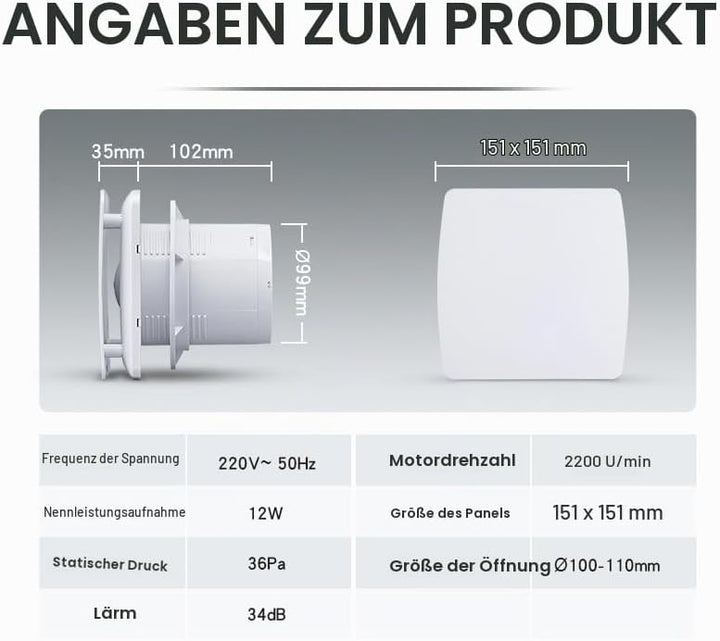 Abluftventilator 100mm Badlüfter Lüfter 100mm Rohrventilator - 12W Extra Leiser Luftentfeuchter für
