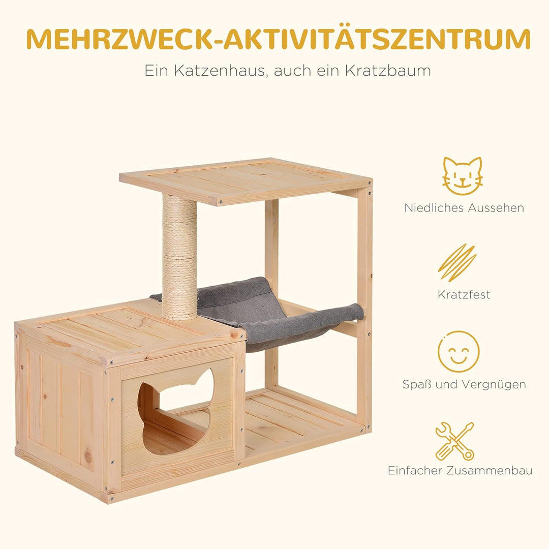 PawHut Katzenhöhle, Katzenbett mit Hängematte, Sisalstamm, Plattform Katzenhaus aus Holz Kratzbaum f