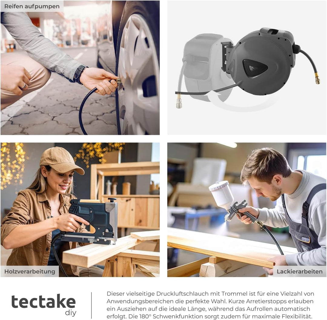 tectake 800801 Druckluftschlauch Aufroller mit ¼ Zoll Schnellkupplung, Aufroll-Automatik mit Schlauc