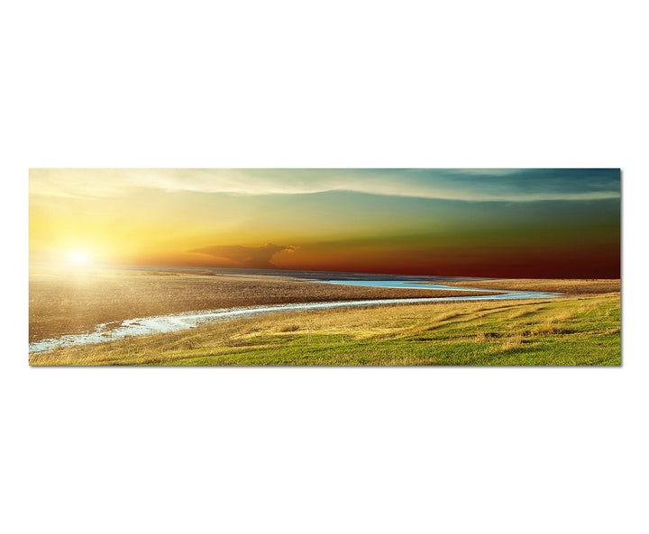 Paul Sinus Art Panoramabild auf Leinwand und Keilrahmen 150x50cm Landschaft Wiesen Fluss Sonnenunter