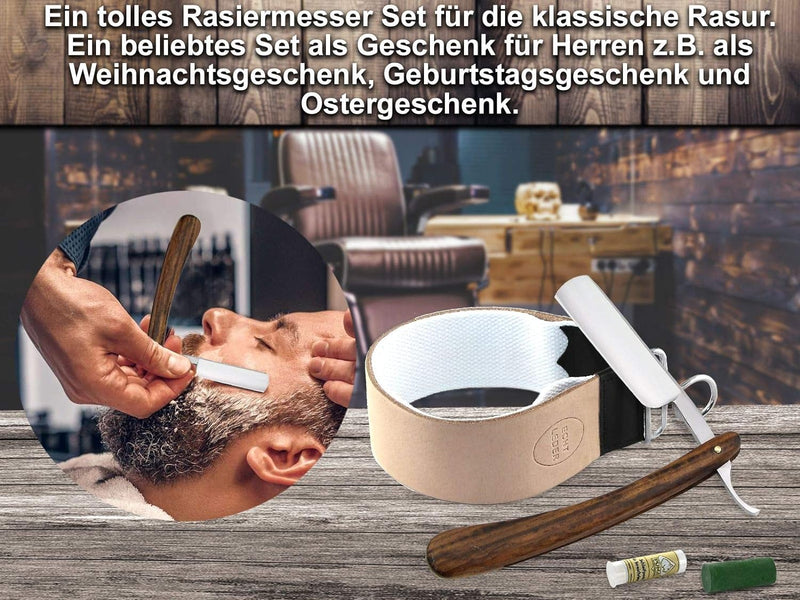 Rasiermesser Set mit Paste aus Solingen und Profi Streichriemen und Holzgriff Rasiermesser 5/8 Zoll