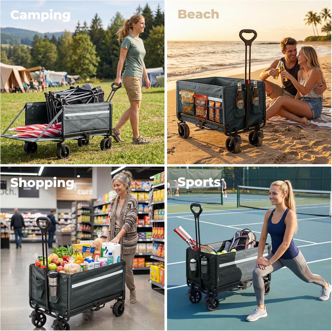 Bollerwagen Faltbar 120L+, Bis 150kg mit Heckklappe, Regenschutz, Bremsen | Reflektorstreifen, Stran