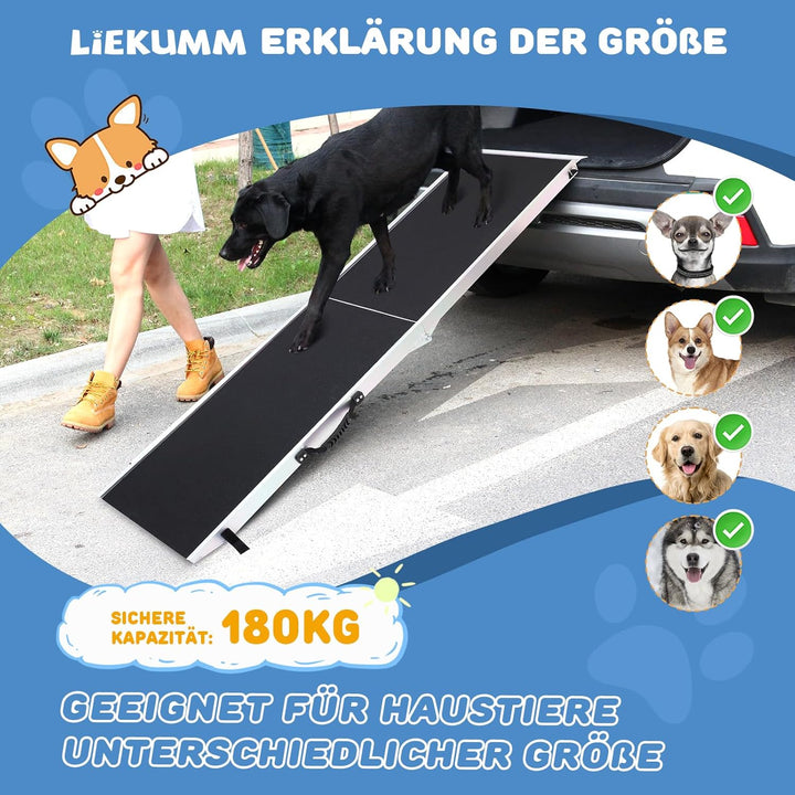 LIEKUMM Hunderrampe Klappbar, 180 kg Tragkraft Aluminium Rampe Hund, 184,5 x 38 cm Hundetreppe für K