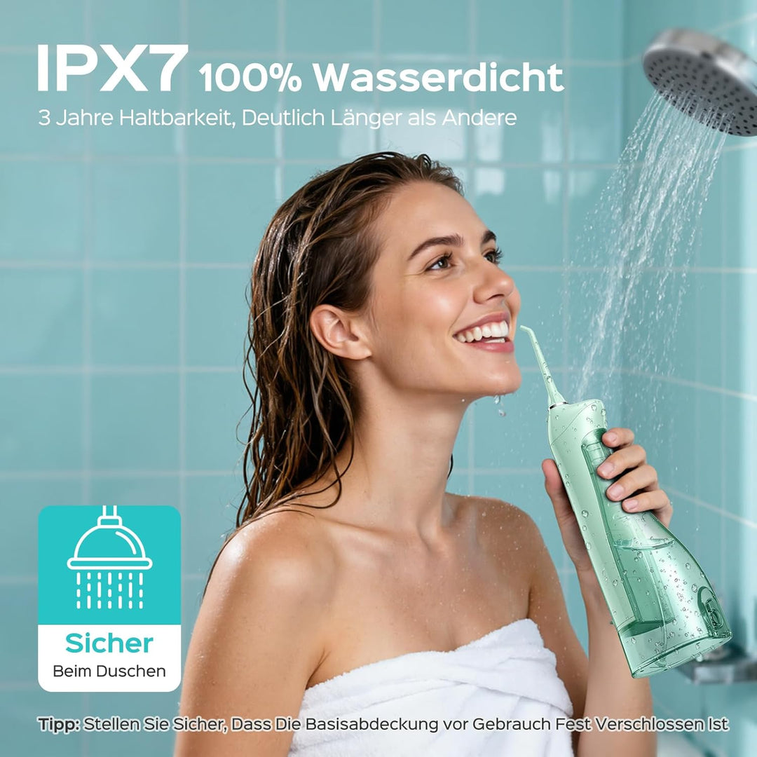 COSLUS Munddusche Kabellos Tragbar Elektrische Zahnreiniger, 300ML Wassertank Wiederaufladbar Zahndu