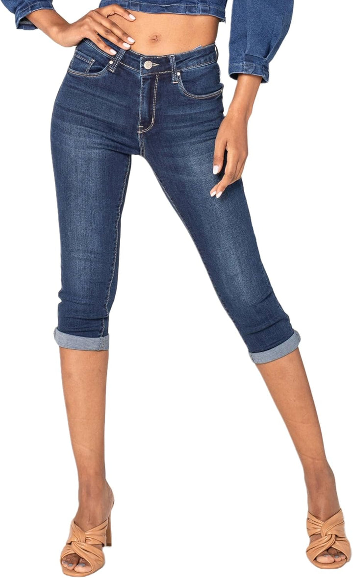 Nina Carter P132 Damen Capri Skinny Fit Jeanshosen HIGH Waist Jeans Used-Look Waschungseffekt S Dunk